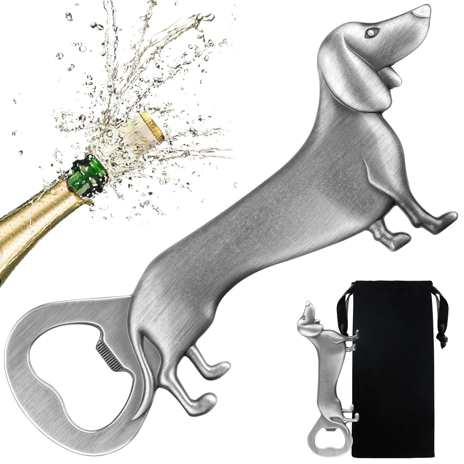 Dackel Flaschenöffner – Metall Hunde Design Geschenk für Männer Kaufschwan® Silber mit Tasche