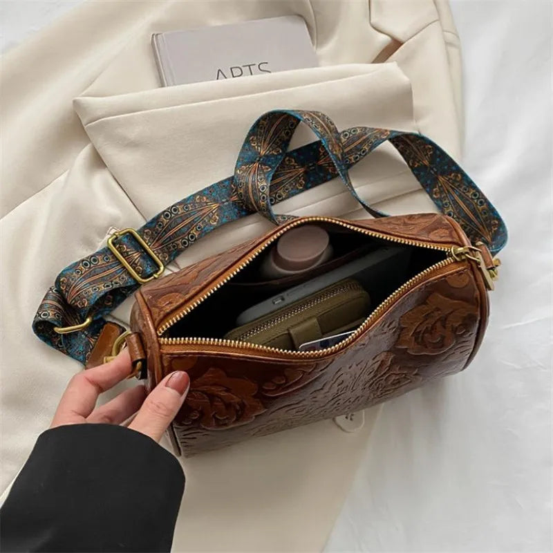 Retro Bestickte Blumen Leder Schultertasche – Klassische Zylinder Crossbody Handtasche für Damen | Alltag, Arbeit & Party Kaufschwan®