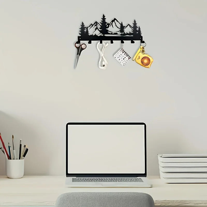Metall Schlüsselhaken mit Waldmotiv – Wandmontierter Dekorativer Organizer | Schwarzer Eisenhaken für Handtücher, Hüte, Geldbörsen & Badezimmer Deko