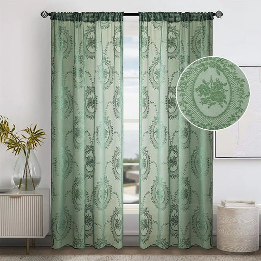 Floraler Bestickter Transparenter Vorhang mit Stangentasche für Wohnzimmer Schlafzimmer Balkon 2 Stück/Set Kaufschwan® Grün 140X244Cm
