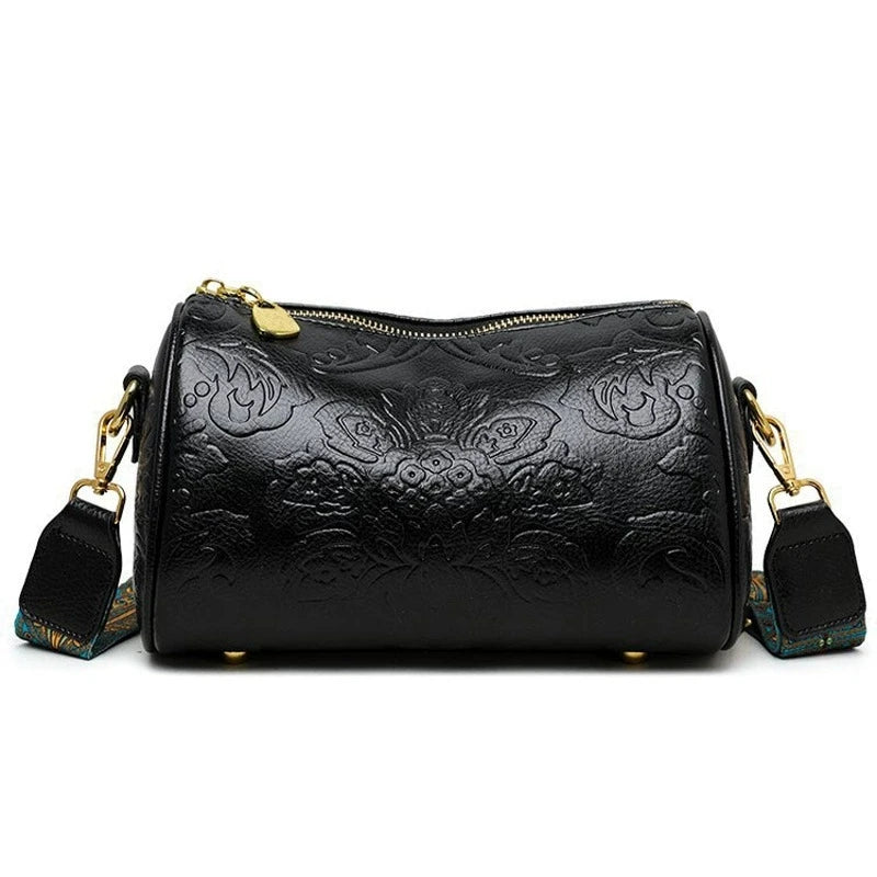Retro Bestickte Blumen Leder Schultertasche – Klassische Zylinder Crossbody Handtasche für Damen | Alltag, Arbeit & Party Kaufschwan® Schwarz