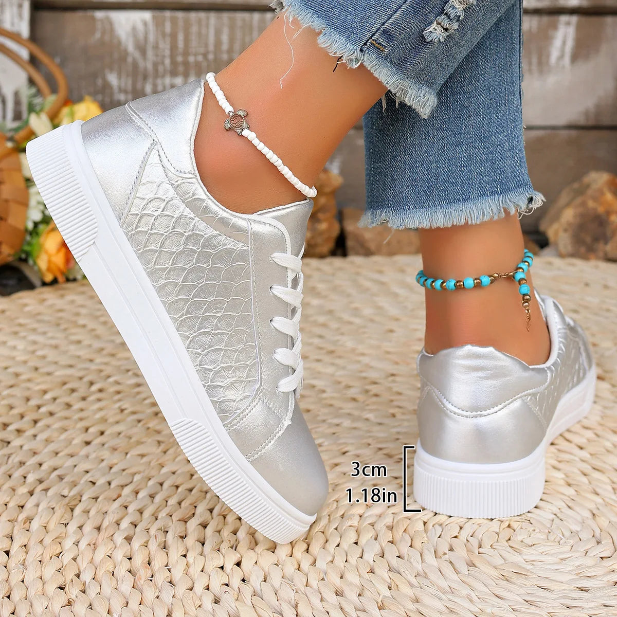 Damen Sneaker in Gold & Silber – Übergröße 42 | Frühling & Herbst Schnürschuhe aus Weichem PU Leder | Modische Freizeitschuhe Kaufschwan®