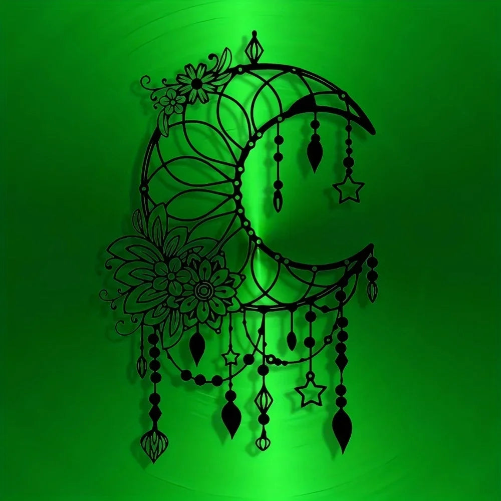 Elegantes Gothisches Mond & Blumen Metall Wandbild – Modernes Hängedekor