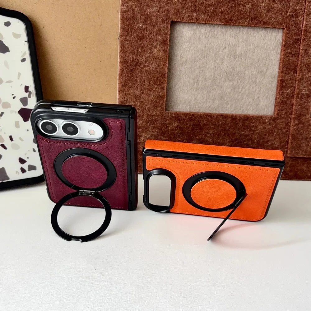Luxuriöse Retro-Schutzhülle in Lederoptik für iPhone Duo 18 Fold und 18 Duo – Magnetische MagSafe-Kompatible Hülle mit Drehbarem Ständer und Stoßschutz Kaufschwan®