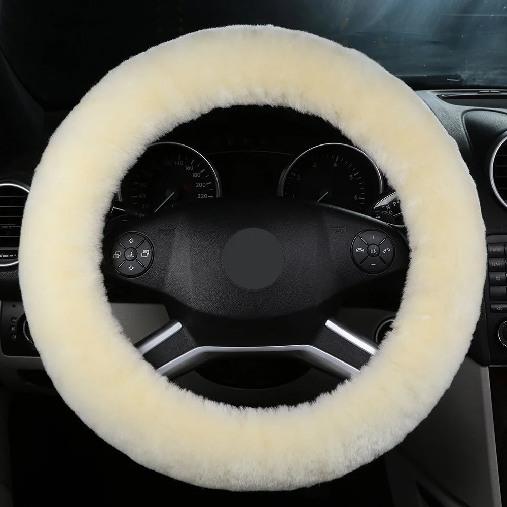 Dicker Woll-Lenkradbezug – Weicher Flauschiger Rutschhemmender Winterbezug für 36,5–38,5cm Lenkräder Kaufschwan® Cremeweiß