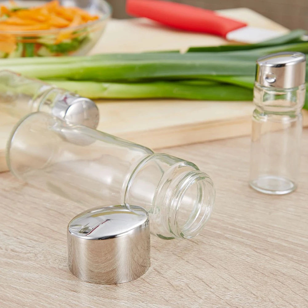 4-in-1 Gewürzflaschen Set mit Halter – Öl- & Essigspender, Salz- & Pfefferstreuer | Glas Cruet Set mit Ständer Kaufschwan®