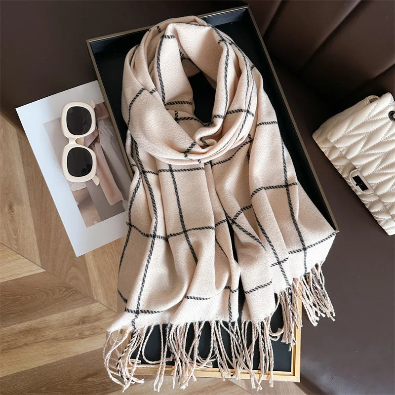 Modischer Karo Kaschmir-Imitat Schal | Luxus Pashmina Wärmeschal | Umschlagtuch, Poncho Decke mit Fransen Kaufschwan® Beige