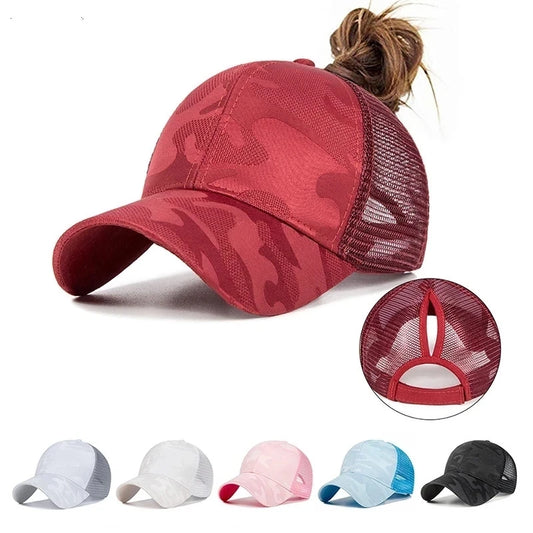 2024 Neue Sommer Camouflage Mesh Trucker Hut | Damen Snapback Baseballkappe | Messy Hair Bun & Ponytail Freundlich Kaufschwan®