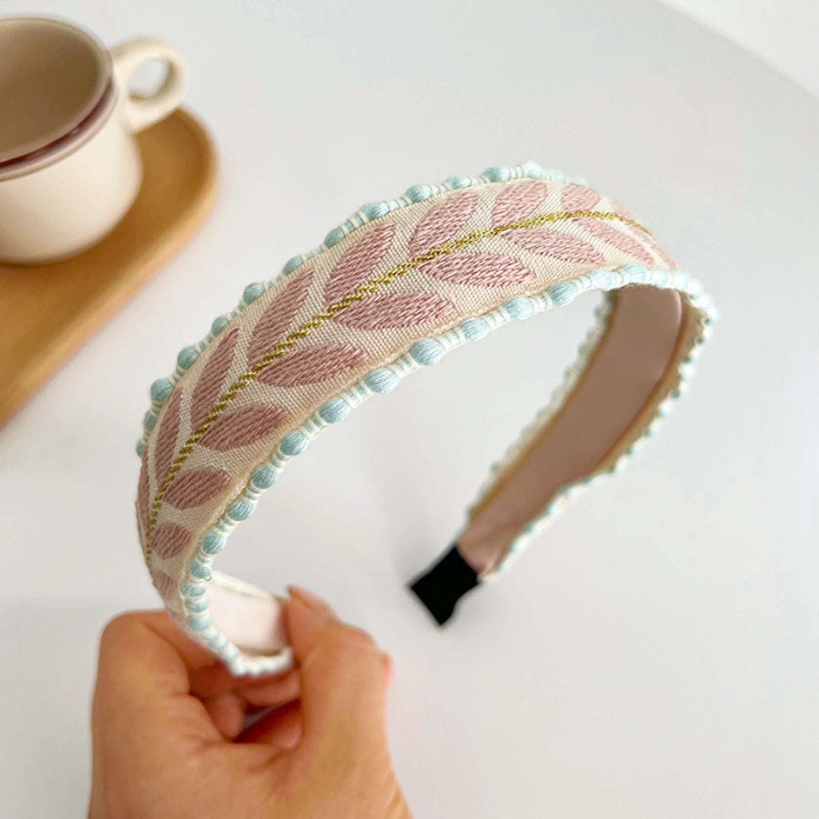 Haarreif mit Blätterstickerei – Modischer Turban Haarreif für Damen & Mädchen | Frühlingsaccessoire Kaufschwan® Rosa