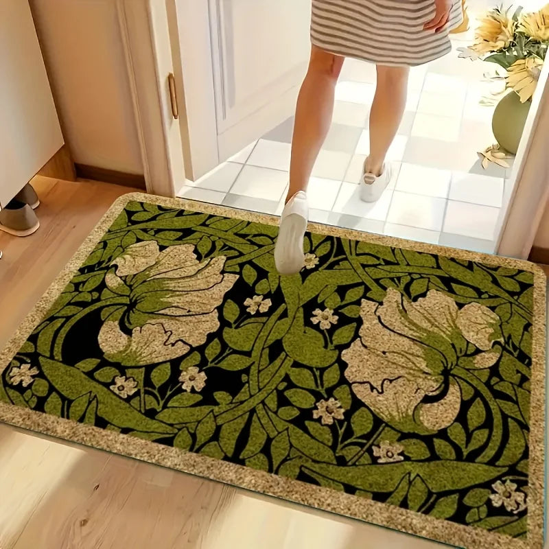 Grüne Willkommensmatte mit Blumenmuster – Buntes Indoor-Pflanzen-Design, Maschinenwaschbar, Geeignet für Schlafzimmer und Flur Kaufschwan®