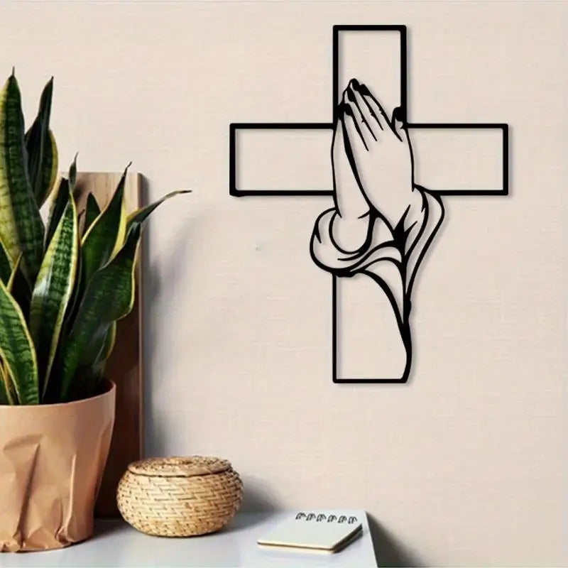 Gusseisen Kreuz Wanddekoration – Modernes Religiöses Metall Wandbild mit Betenden Händen Kaufschwan®