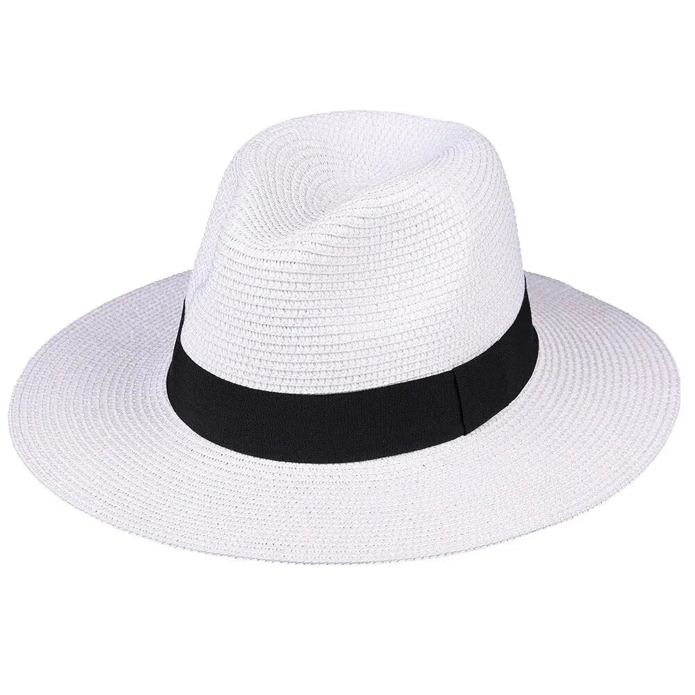 Sommer Sonnenhut Unisex | Panama Stil Strohhut | Strandhut für Urlaub & Outdoor mit Flacher Krone Kaufschwan® Weiß Einheitsgröße