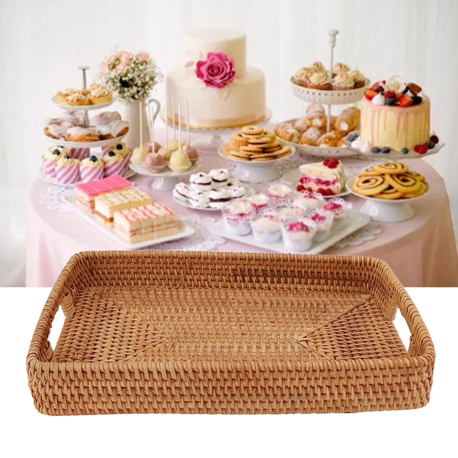 Geflochtenes Rattan Serviertablett – Großes Aufbewahrungs-Tablett im Landhausstil für Obst & Desserts Kaufschwan®