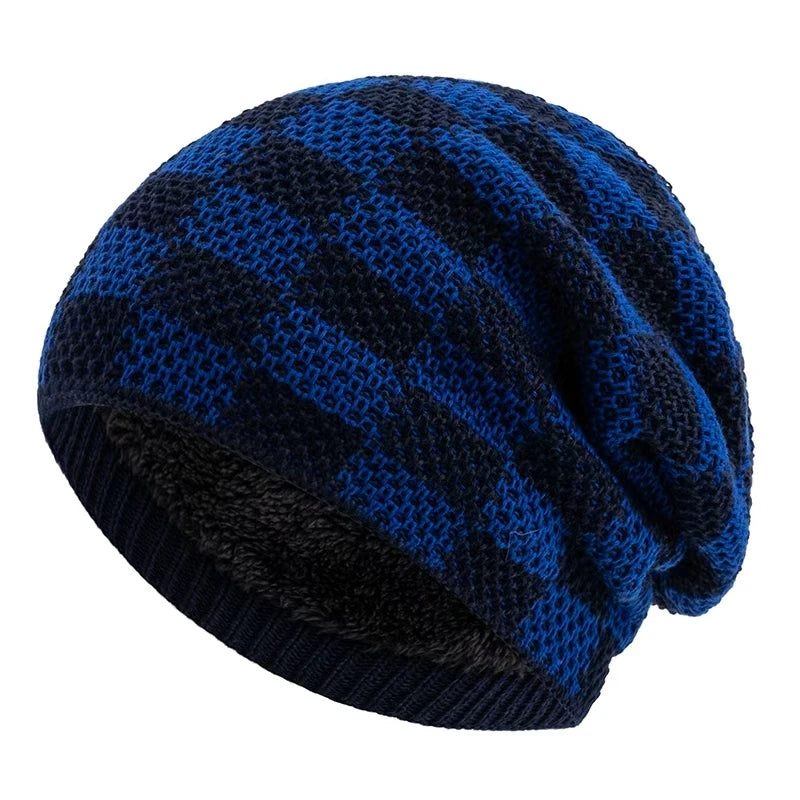 Unisex Slouchy Winter Beanie Mütze – Zweifarbige Grid-Strickmütze für Damen & Herren | Warme Oversize Mütze für Ski & Alltag Kaufschwan® Blau 56cm-60cm