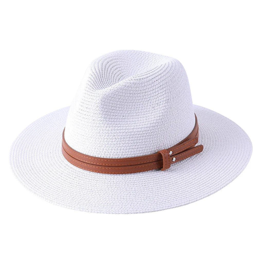 Großer Strohhut für Damen & Herren – Sommer Fedora mit breiter Krempe, Strand Sonnenhut mit UV-Schutz Kaufschwan® Weiß 2 L59-60cm