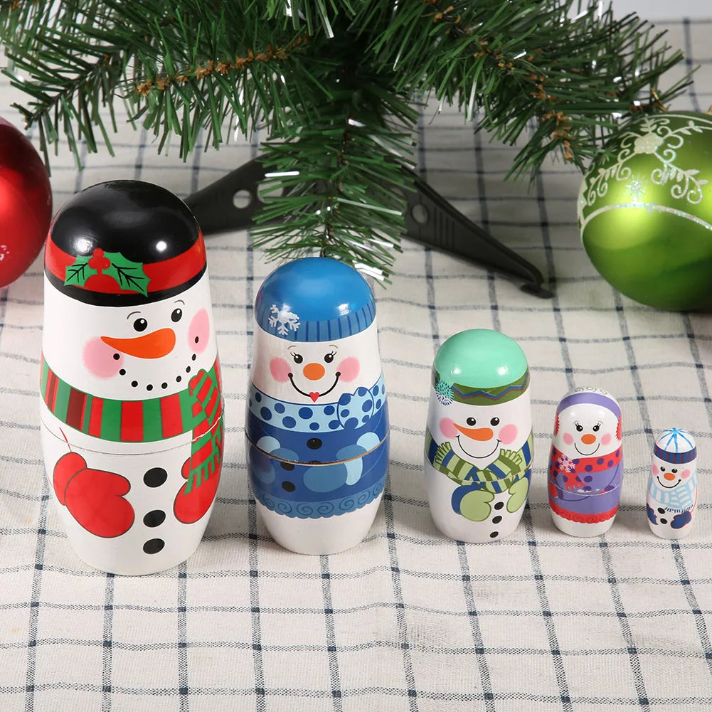 5 Stück Handbemalte Weihnachts-Matrjoschka – Holz-Nestpuppen Set | Niedliche Dekoration & Geschenk für Kinder
