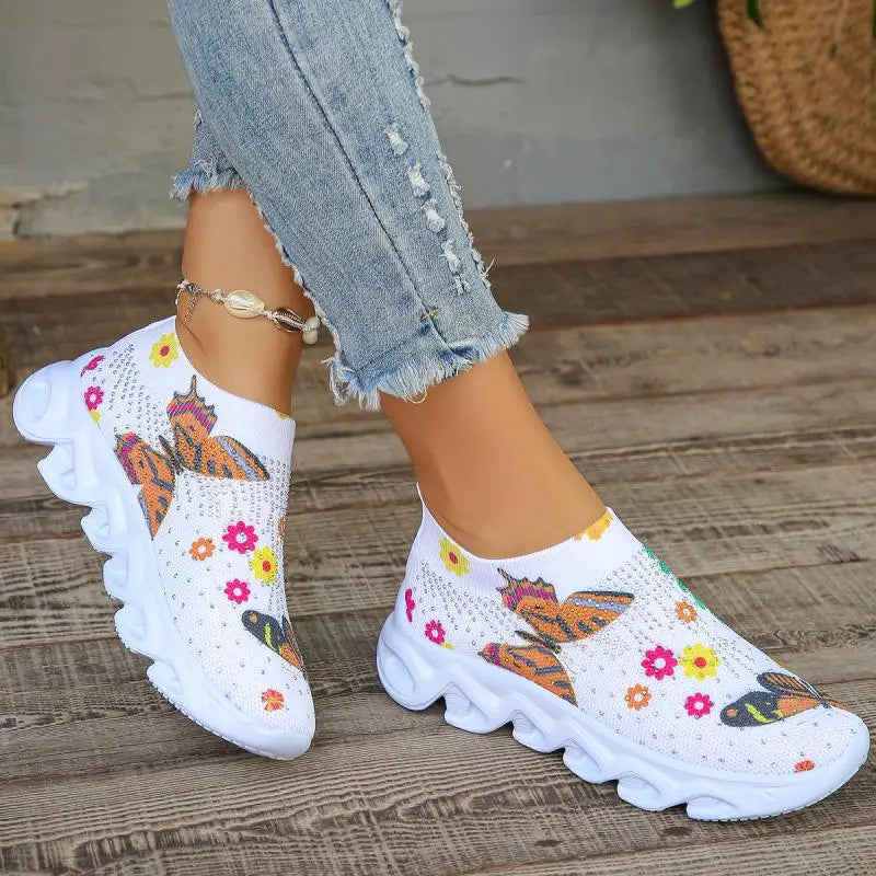 Kristall Blumen Damen Strick-Sneaker – Sommer Atmungsaktive Air Mesh Freizeitschuhe | Leichte Sportschuhe & Walking Flats Kaufschwan®