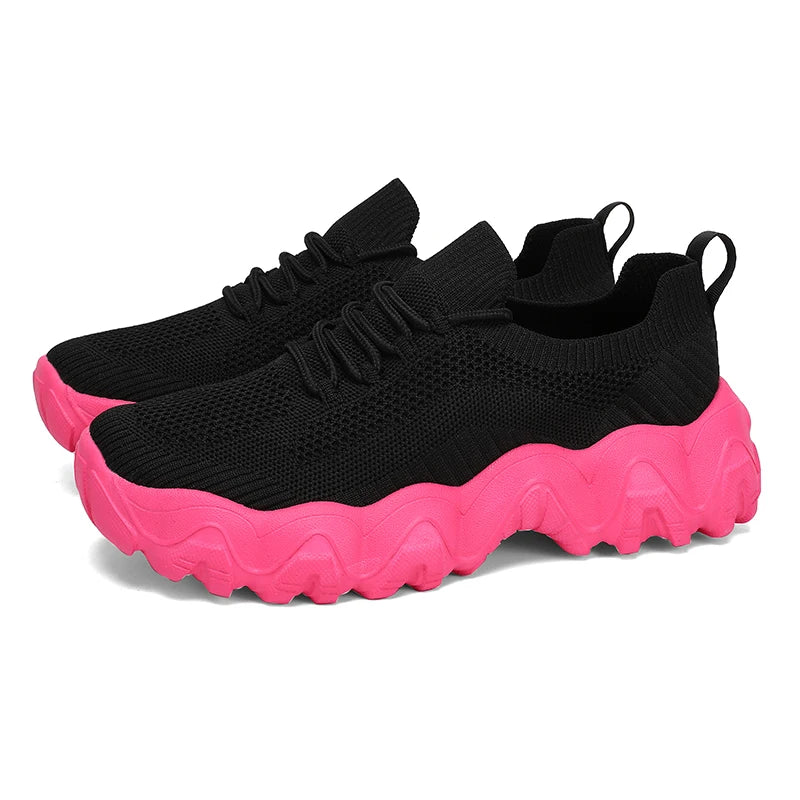 Damen Mesh-Sneaker mit Schnürung – Leichte Atmungsaktive Schuhe | Modische Bequeme Trainings- & Walkingschuhe Kaufschwan® Schwarz RosyRed 42