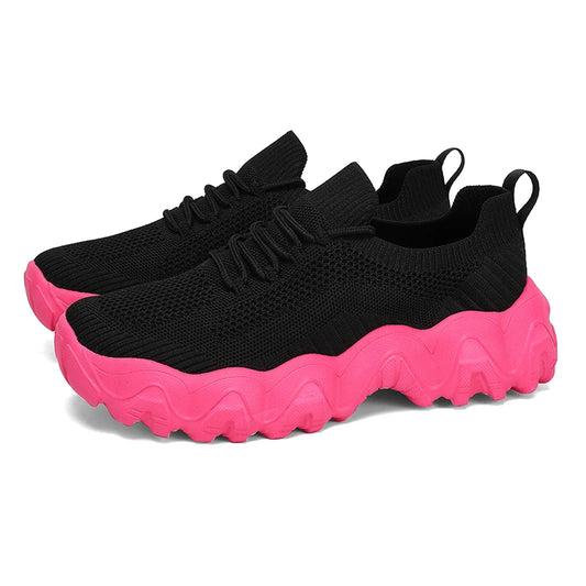 Damen Mesh-Sneaker mit Schnürung – Leichte Atmungsaktive Schuhe | Modische Bequeme Trainings- & Walkingschuhe Kaufschwan® Schwarz RosyRed 42