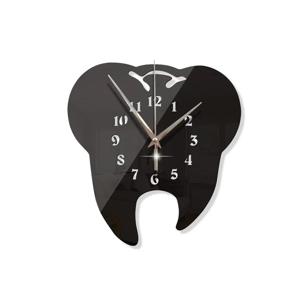 Kreative Zahn Spiegel Wanduhr – DIY Leise Acryl Deko Uhr Kaufschwan® Schwarz 26.5x25cm