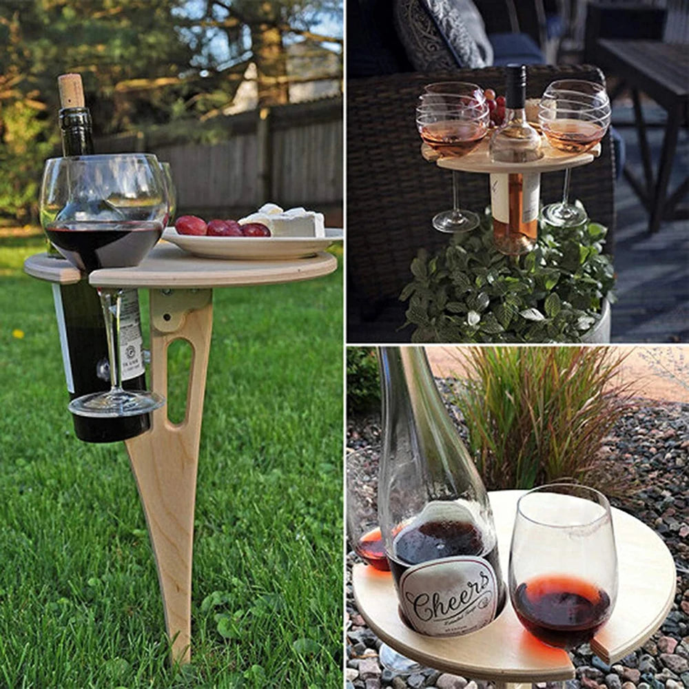 Tragbarer Faltbarer Holz Weintisch – Outdoor Glas- & Flaschenhalter | Picknick, Strand & Garten Party Wein Stand Kaufschwan®