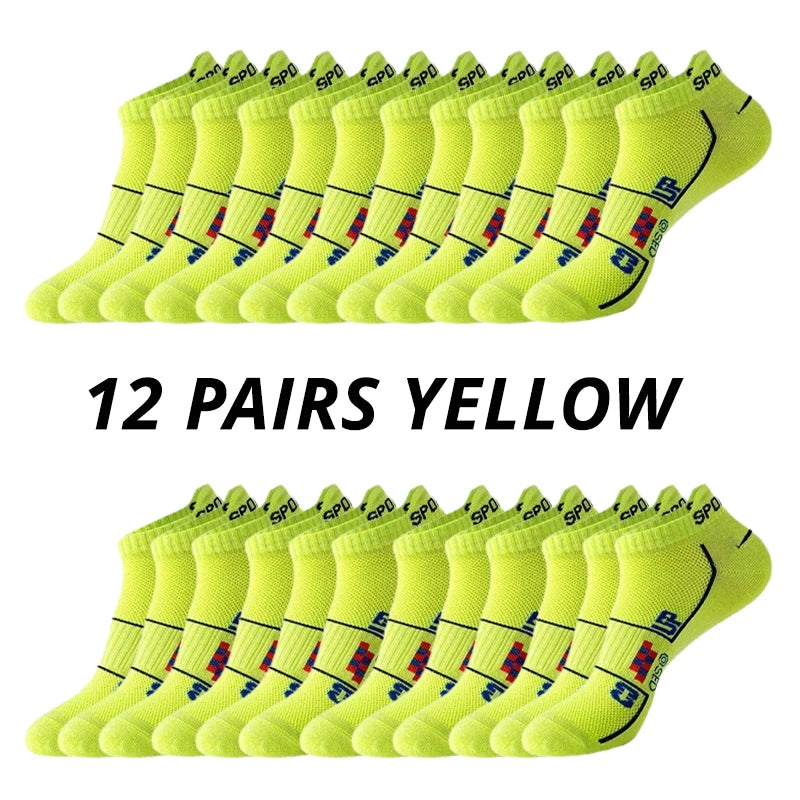 6/12 Paare Herren Sportsocken Mesh Laufsocken | Atmungsaktiv Feuchtigkeitsableitend Kurzsocken mit Öhrchen | Ganzjahres Partner-Socken Kaufschwan® 12 Paare Gelb Einheitsgröße