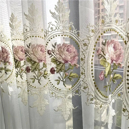 Luxus Pfingstrosen Bestickter Tüll Transparenter Vorhang Europäischer Stil für Wohnzimmer Schlafzimmer Kaufschwan® Weiß W132cmXH241cm