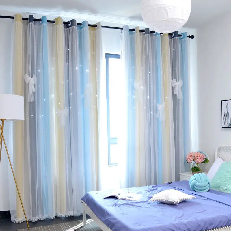Regenbogen Farbverlauf Stern Ausschnitt Verdunkelungsvorhang Doppel Lage mit Ösen für Schlafzimmer Wohnzimmer 2 Stück/Set Kaufschwan® Fantasy-Galaxie W200 x H200cm Ösenverschluss