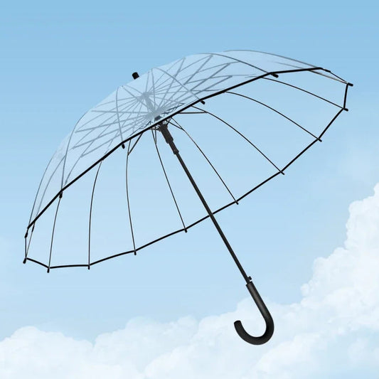 Transparenter Regenschirm – Windfester 16-Streben Langgriff-Schirm für Damen, Wasserdichter Großer Halbautomatischer Regenschirm