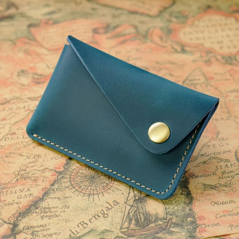 Handgefertigtes Minimalistisches Kartenetui aus Rindsleder – Kleine Retro-Geldbörse mit Druckknopfverschluss Kaufschwan® Marineblau