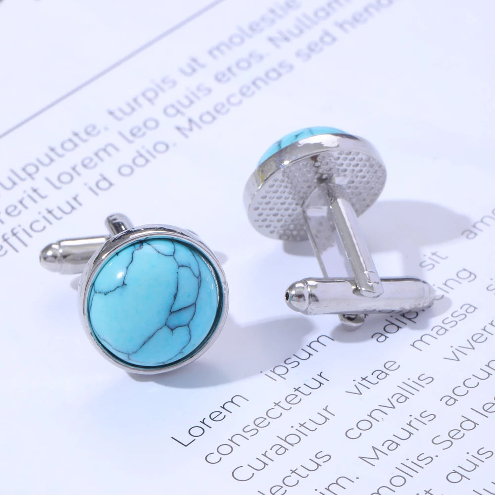 Blaue Stein Manschettenknöpfe – Elegante Unisex Schmuck Accessoires | Runde Metall Ärmelknöpfe für Anzüge & Feste Kaufschwan®
