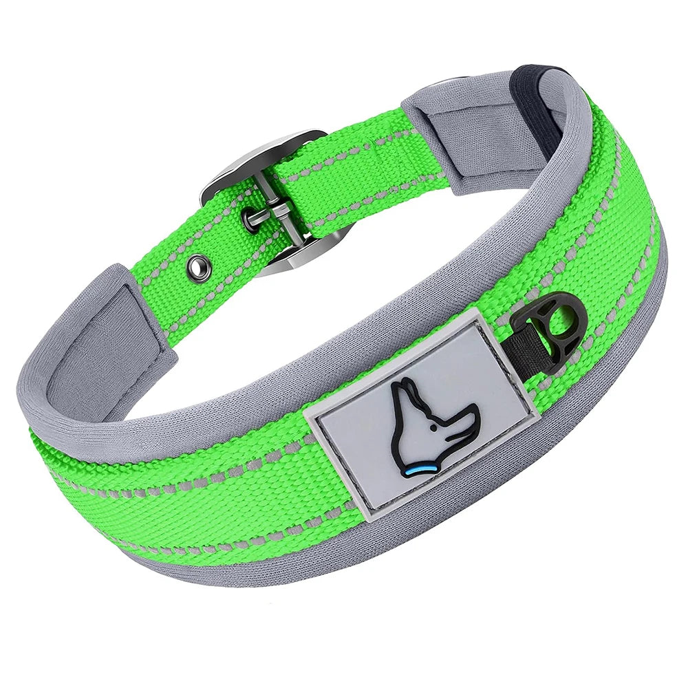 Reflektierendes Gepolstertes Hundehalsband Verstellbar Breit Nylon Neopren für Kleine Mittel Große Hunde Kaufschwan® Grün S