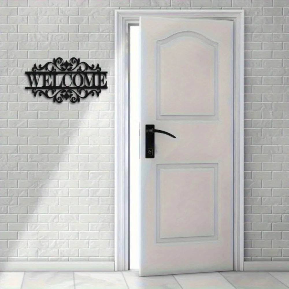 2D Flaches Schwarzes Metall Welcome Schild – Kranz Stil Schwerlast Deko Kaufschwan®