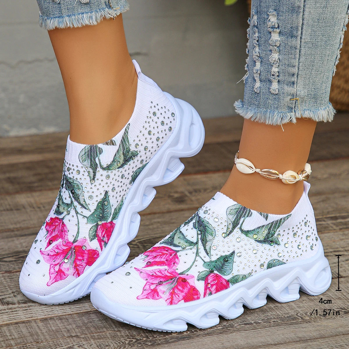 Kristall Blumen Damen Strick-Sneaker – Sommer Atmungsaktive Air Mesh Freizeitschuhe | Leichte Sportschuhe & Walking Flats Kaufschwan® Blumen- 37