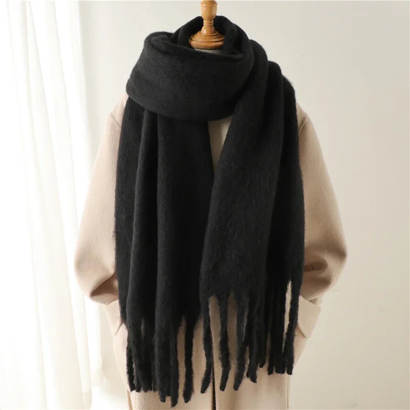 Winter Schal für Damen | Kaschmir-Optik Pashmina Tuch | Weiches Warmes XXL Umschlagtuch mit Fransen & Poncho-Stil Kaufschwan® Schwarz