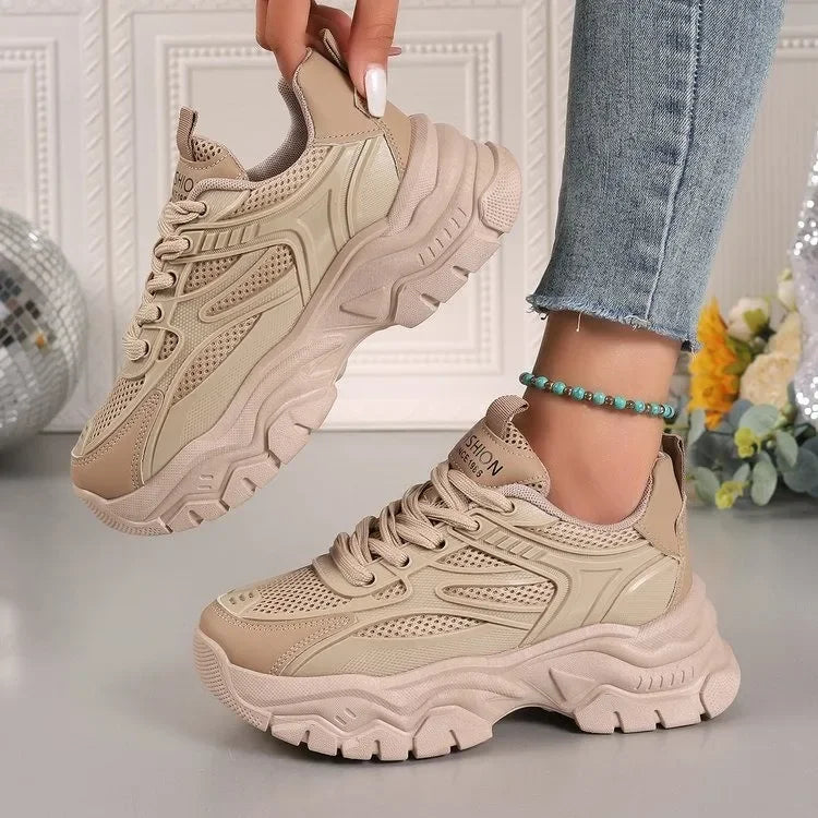 Neue Damen Plateau-Sneaker – Runde Zehenform, Mesh Tennisschuhe | Herbstmode Atmungsaktive & Bequeme Sportschuhe Kaufschwan® Khaki 38