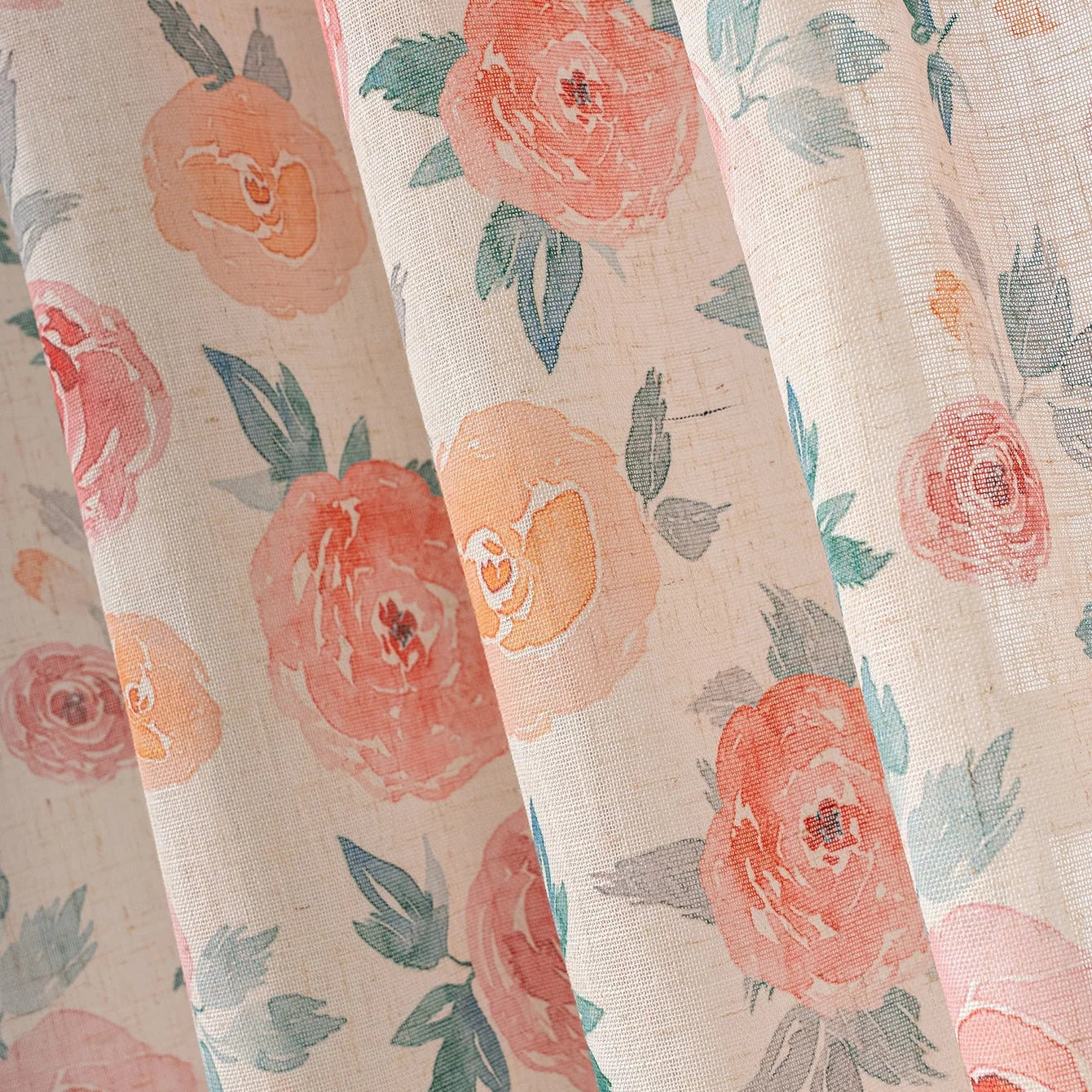 Rosa Blumen Vorhang mit Leinenoptik Lichtdurchlässig im Shabby Chic Stil für Wohnzimmer Kaufschwan®