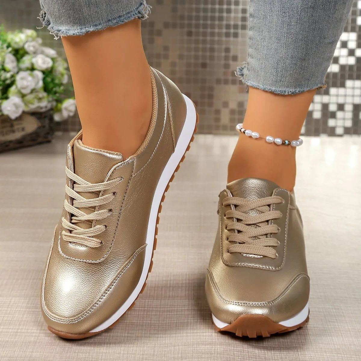 Damen Leder-Sneaker – Bequeme Schnürschuhe in Übergrößen | Runde Zehenform, Flache Low-Top Schuhe für Frühling & Herbst Kaufschwan®