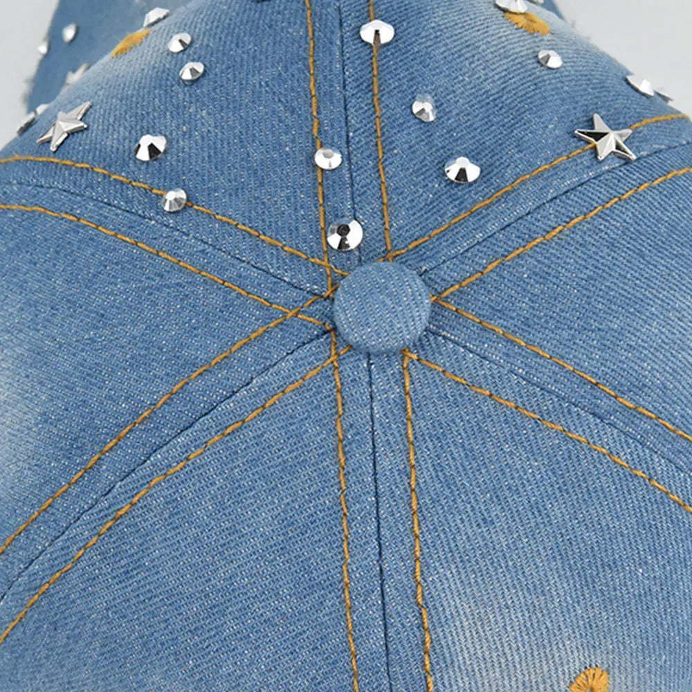 Denim Baseballkappe Damen | Gewaschener Vintage-Hut mit Rivet Star | Snapback Sonnenhut für Damen & Herren | Sommer Outdoor Freizeit Kaufschwan®