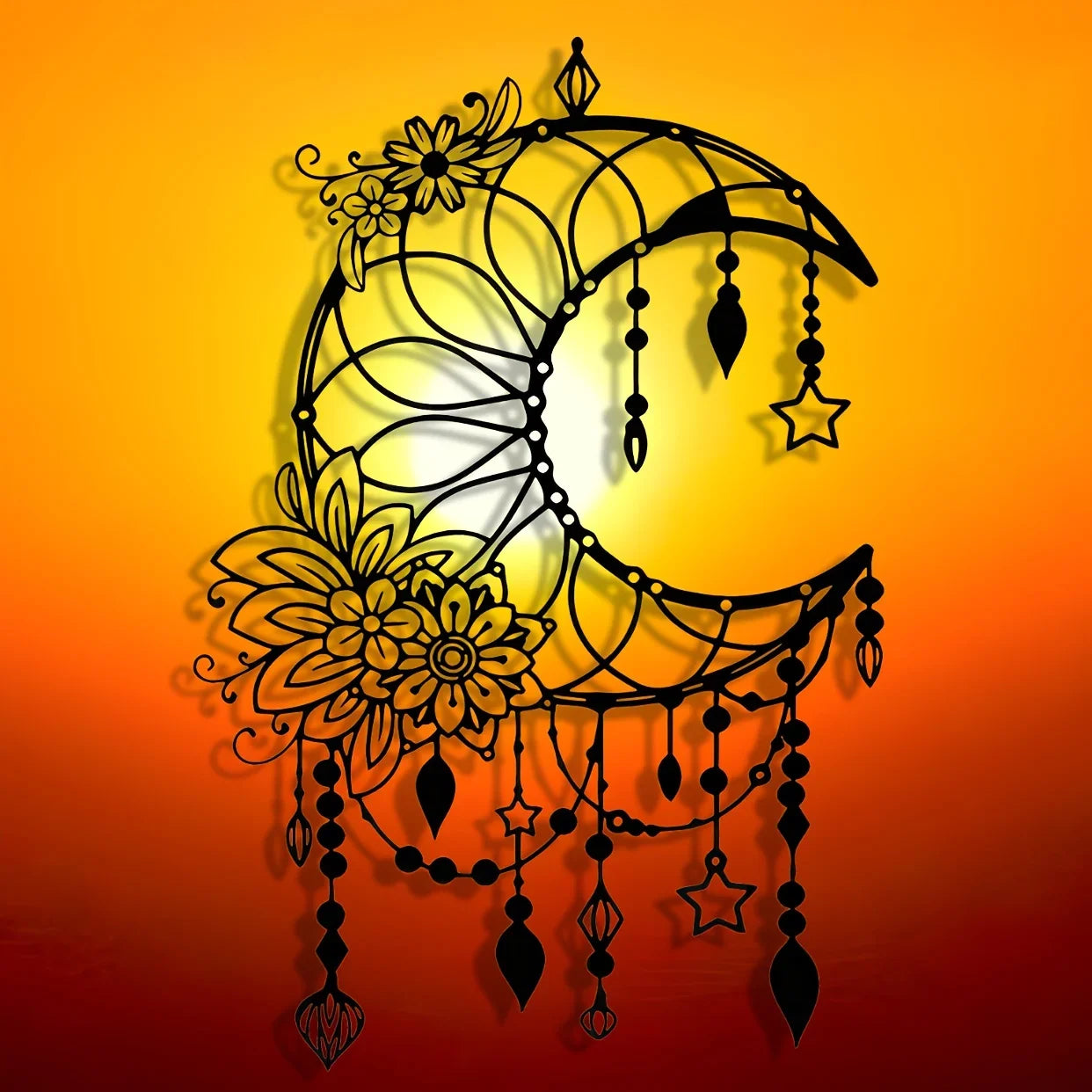 Elegantes Gothisches Mond & Blumen Metall Wandbild – Modernes Hängedekor