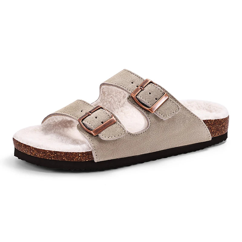 Klassische Winter-Pantoffeln | Unisex Fell-Suede Clogs | Kuschelige Hausschuhe mit Verstellbarer Schnalle & Kork-Fußbett