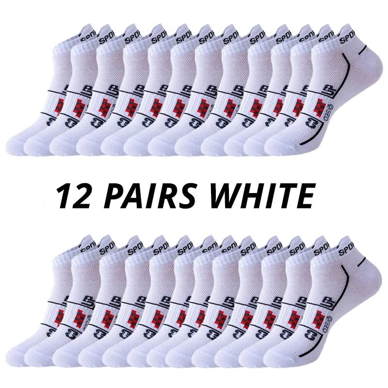 6/12 Paare Herren Sportsocken Mesh Laufsocken | Atmungsaktiv Feuchtigkeitsableitend Kurzsocken mit Öhrchen | Ganzjahres Partner-Socken Kaufschwan® 12 Paare Weiß Einheitsgröße