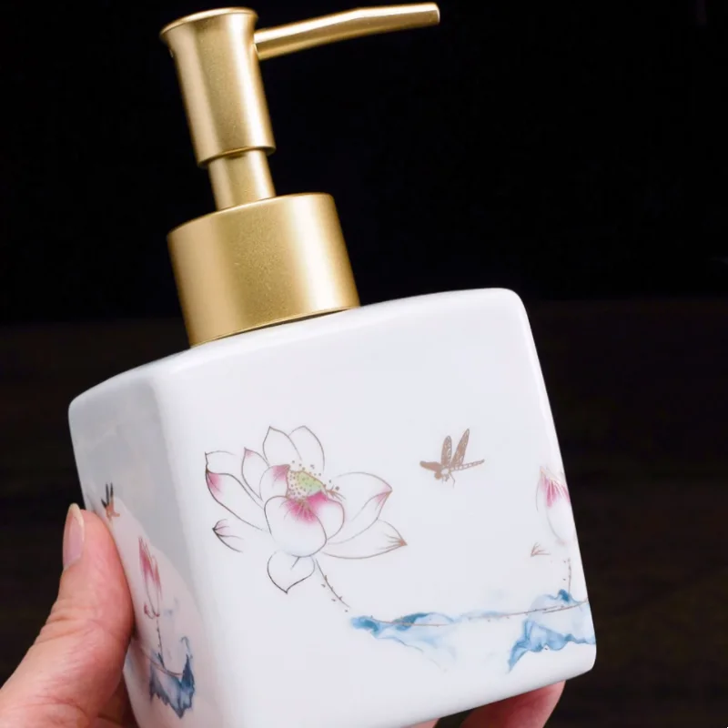 Blau-weiße Keramik-Lotion- und Desinfektionsmittelflasche – Quadratischer Spender für Shampoo, Duschgel & Badezimmer Kaufschwan®