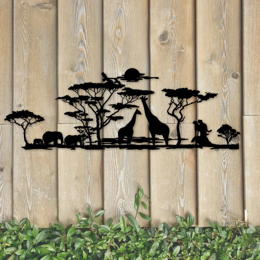Afrikanische Tier Metall Wanddeko – Elefant, Giraffe, Löwe und Baum Design Kaufschwan®