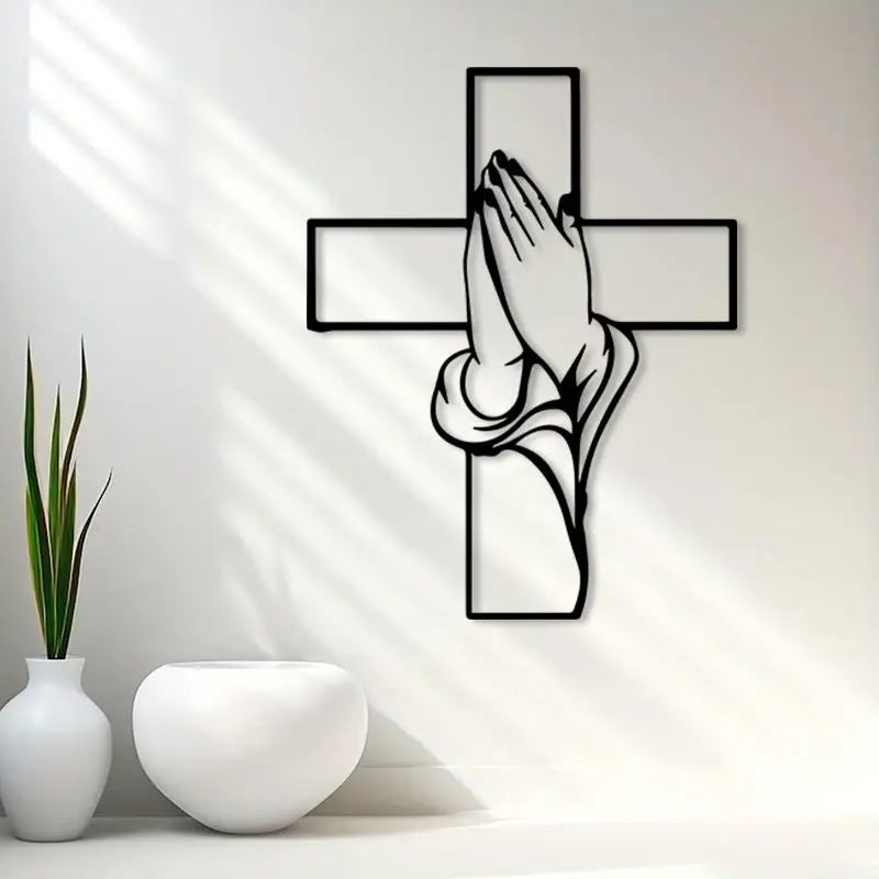 Gusseisen Kreuz Wanddekoration – Modernes Religiöses Metall Wandbild mit Betenden Händen Kaufschwan®