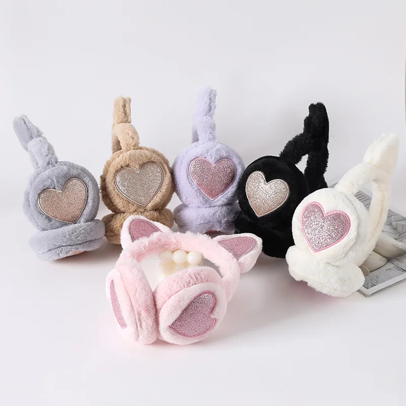 Herbst Winter Plüsch Ohrwärmer mit Katzenohren & Rosa Herz – Thermische Dicke Earmuffs für Kinder & Damen | Süß & Warm Kaufschwan®