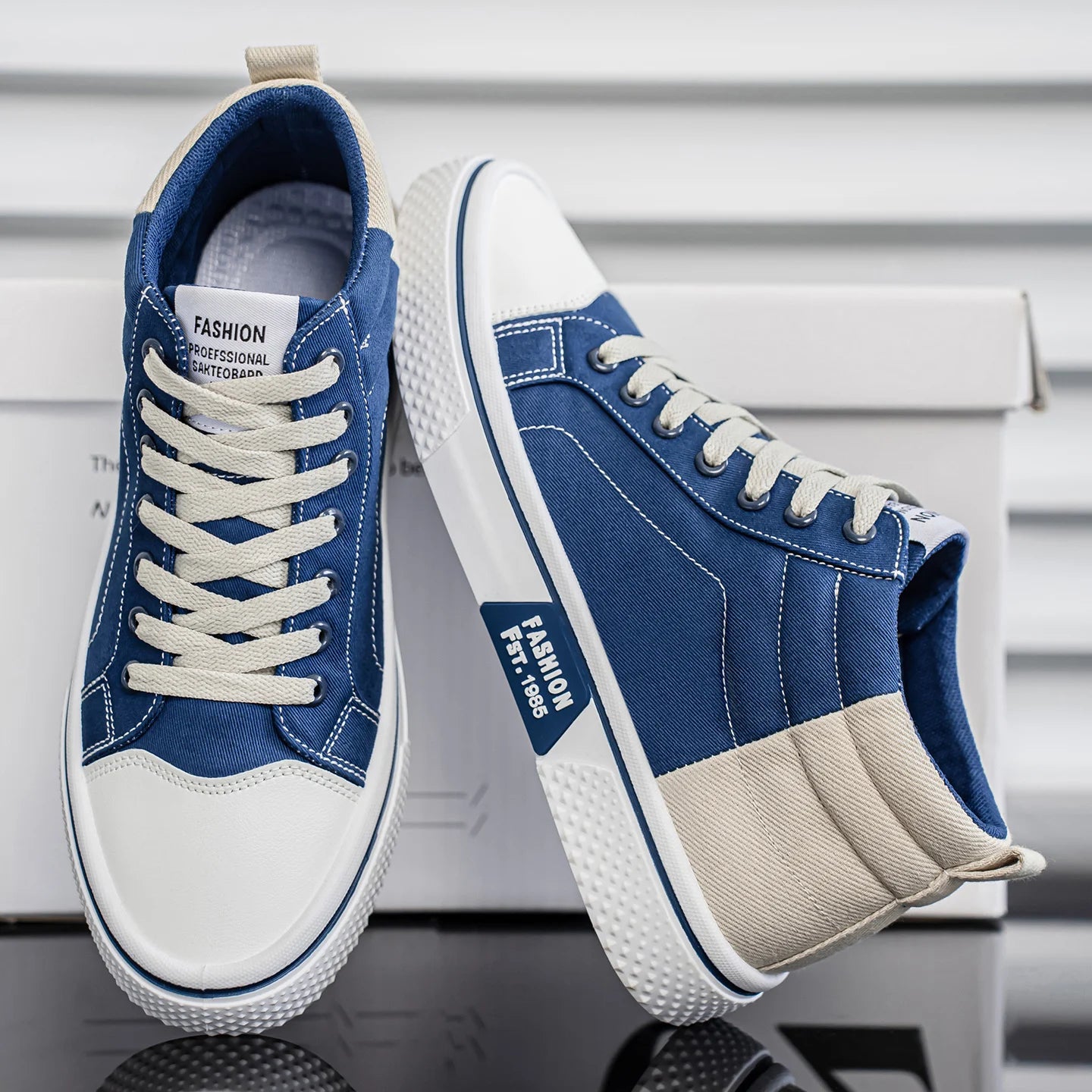 Herren Canvas Mid-Top Schuhe – Modische Leichte Sneaker | Bequeme Outdoor Wanderschuhe in Blau & Beige Kaufschwan®