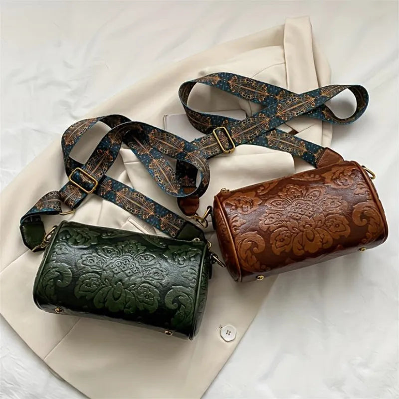 Retro Bestickte Blumen Leder Schultertasche – Klassische Zylinder Crossbody Handtasche für Damen | Alltag, Arbeit & Party Kaufschwan®