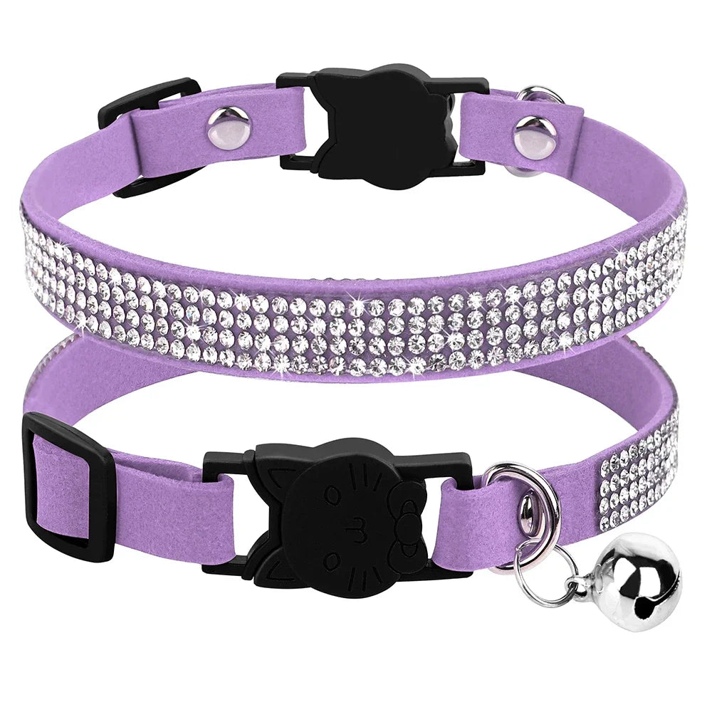 Weiches Rosa Wildleder-Katzenhalsband für Katze – Strasssteine, Glöckchen, Sicherheitsverschluss & Verstellbare Passform Kaufschwan®