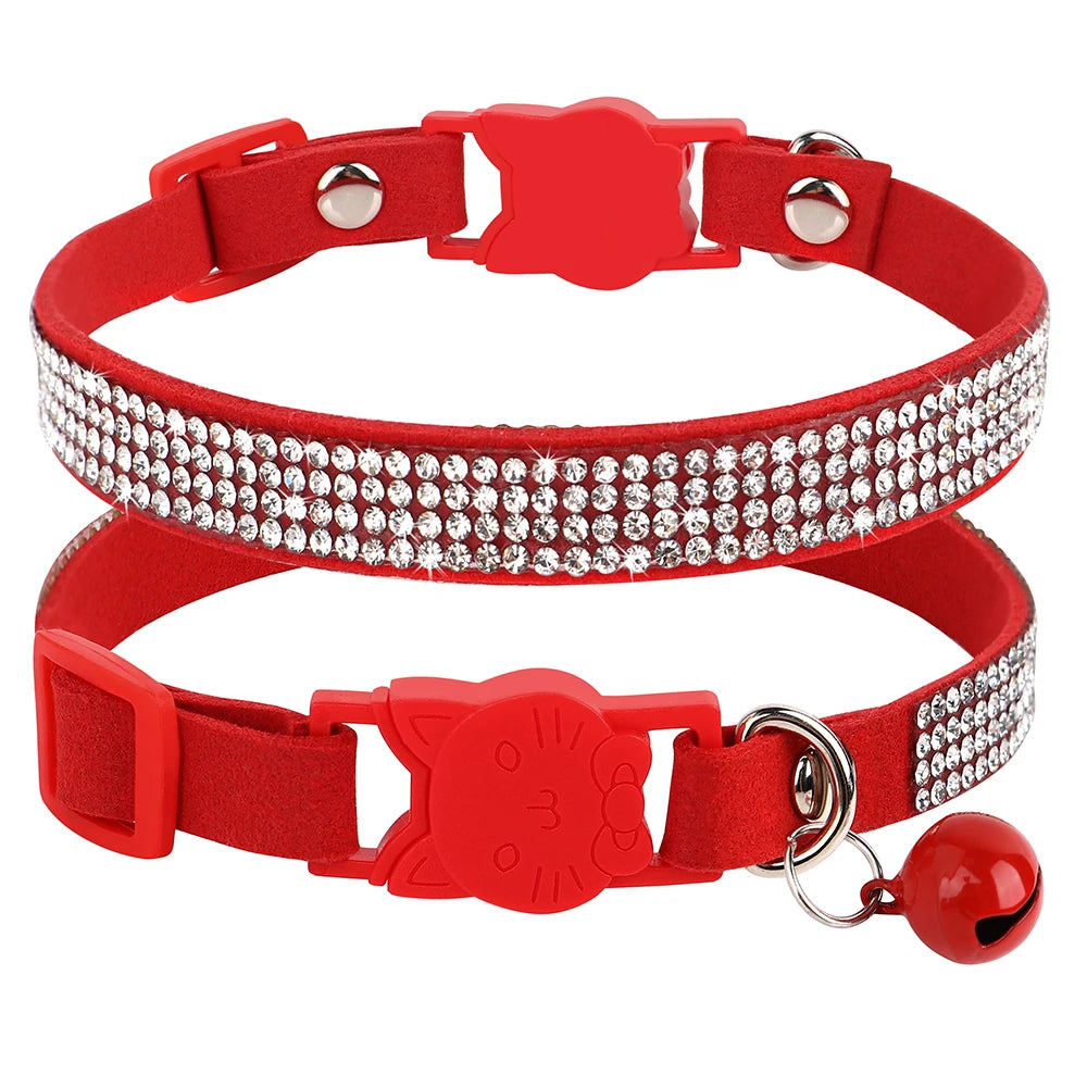 Weiches Rosa Wildleder-Katzenhalsband für Katze – Strasssteine, Glöckchen, Sicherheitsverschluss & Verstellbare Passform Kaufschwan®